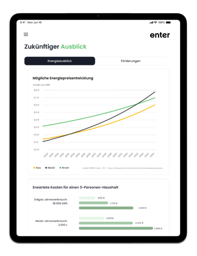 Report screen showing projected energy price development and expected household costs