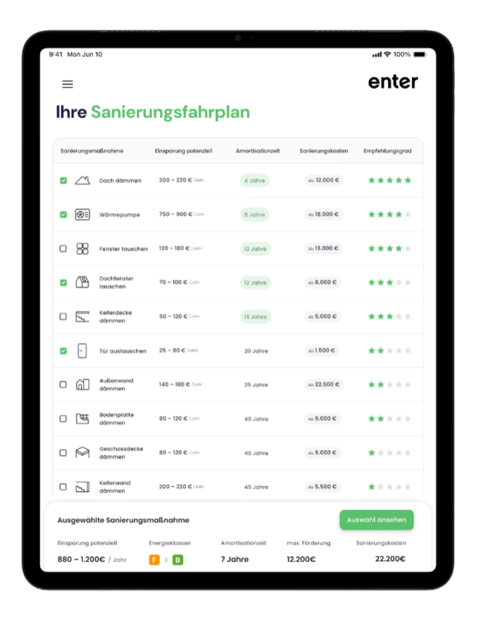 Report screen listing all available retrofit measures with rankings