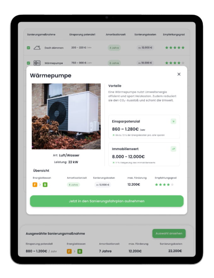 Report screen showing the individual impact of a selected heat pump measure