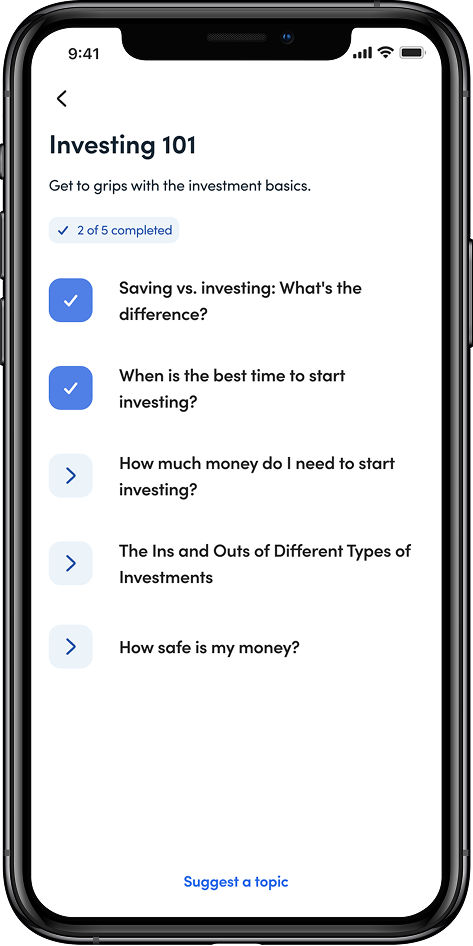 Investing 101 — lesson list with progress