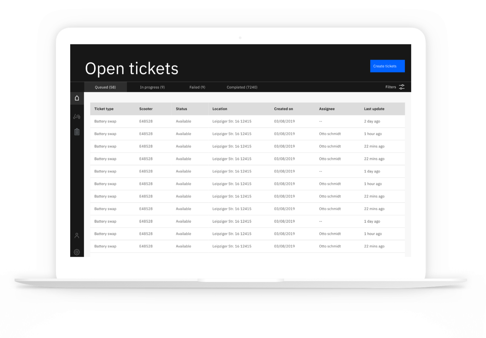 Dispatcher ticket queue with battery swaps queued, in progress and completed