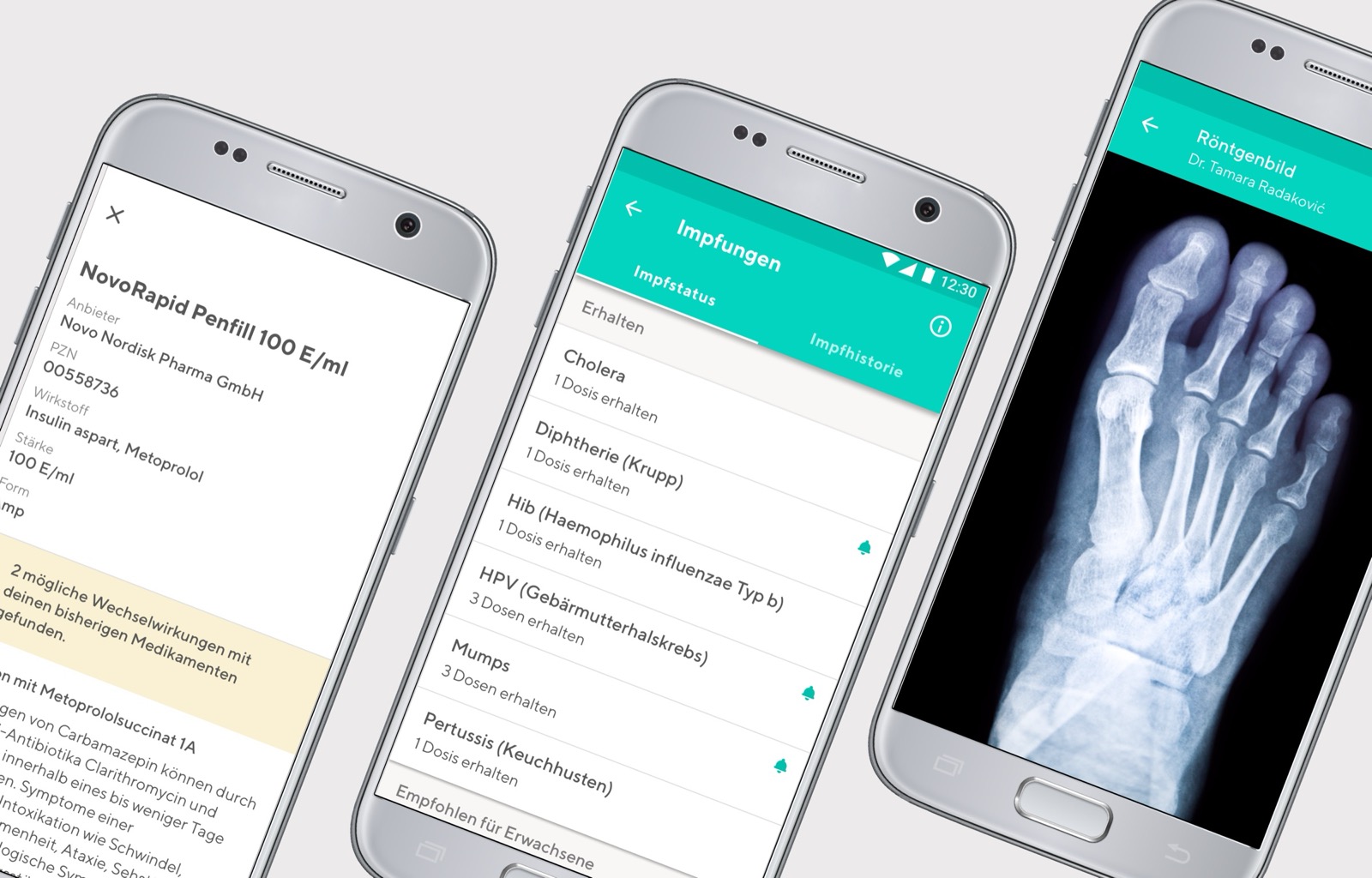 Vivy app showing medication details, vaccination record and X-ray viewer