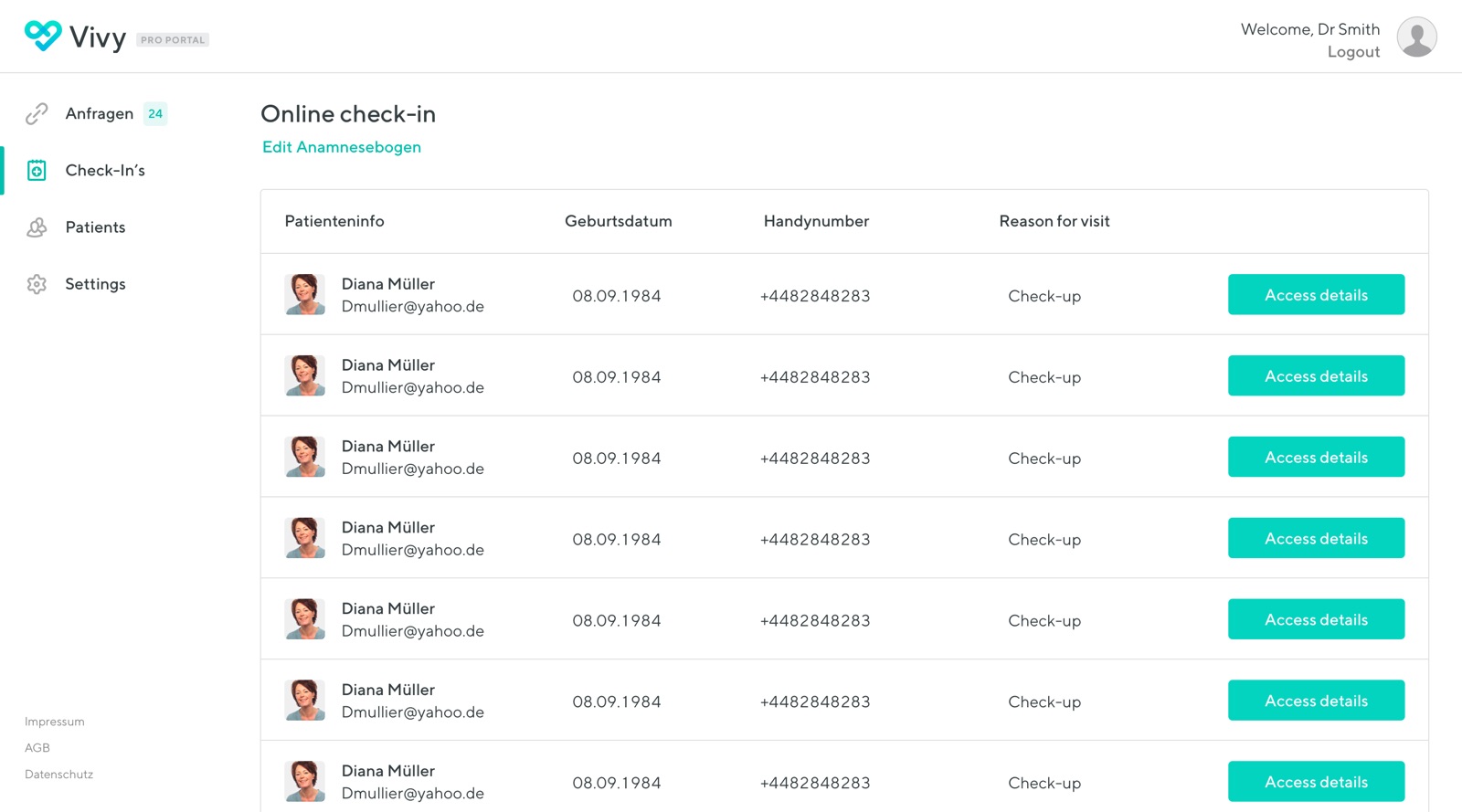 Vivy Pro Portal online check-in list for practices